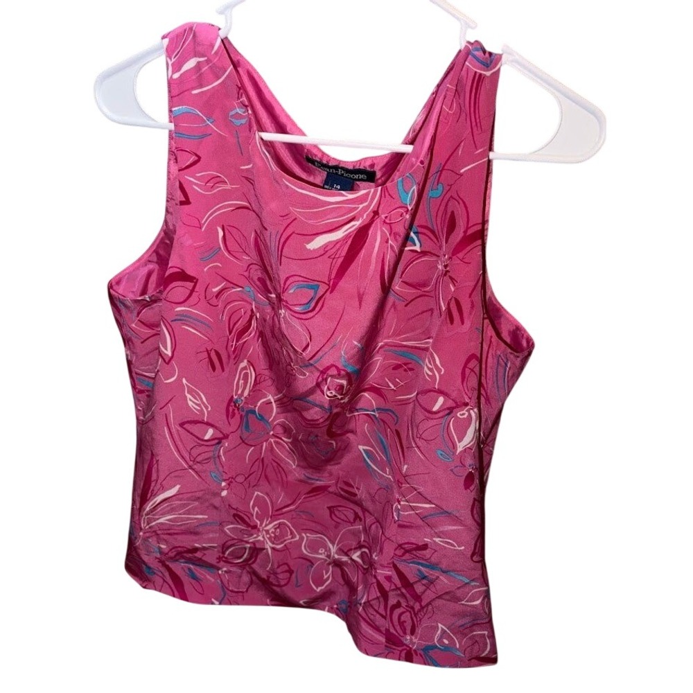 Evan-Picone Pink Floral 100% Silk Sleeveless Shell Blouse Top Size 14